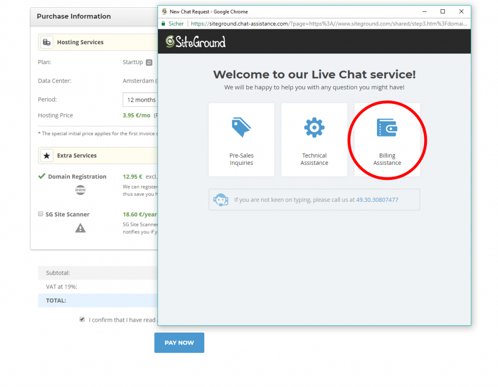Siteground Live Chat service - Billing Assitance