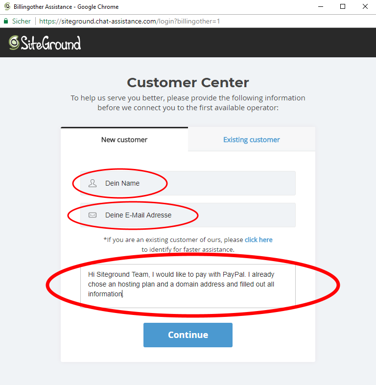Siteground Customer Center - Nachricht an Siteground schreiben