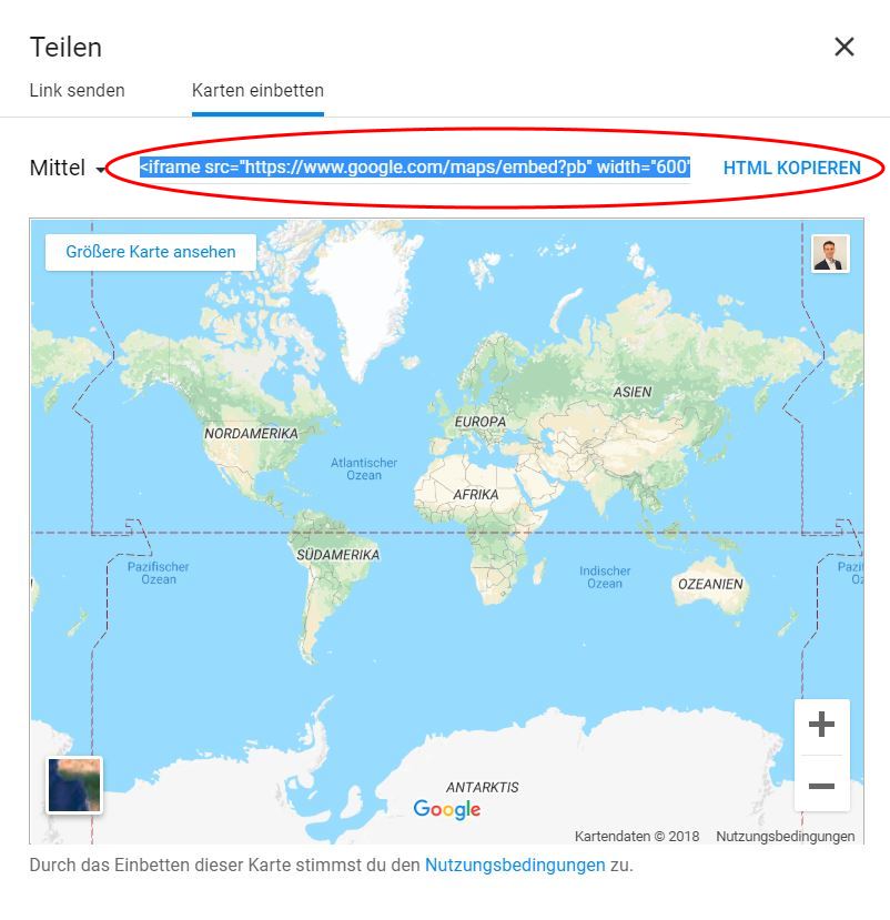 Google Maps - Karte einbetten - iFrame Code HTML kopieren