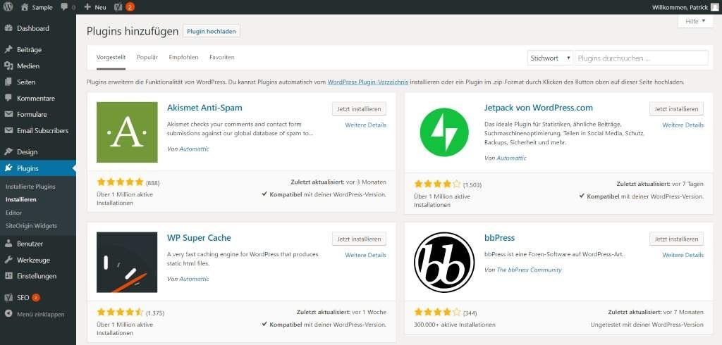 WordPress PlugIn Bibliothek - kostenlose PlugIns installieren