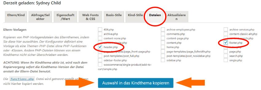 Child Them Configurator - Einstellungen - Dateien Reiter