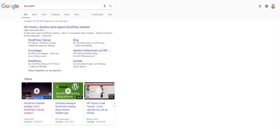 Google Suchergebnissseite für den Begriff "WP Wizard"
