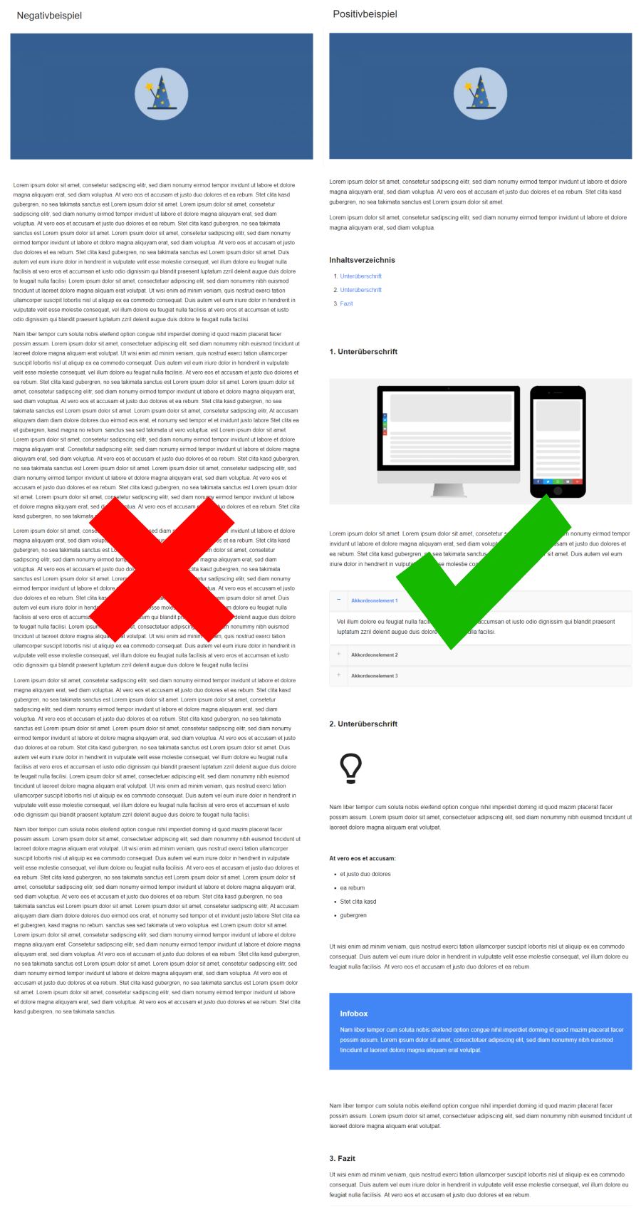 Vergleich: Website mit langem Fließtext vs. Website mit Struktur und Elementen
