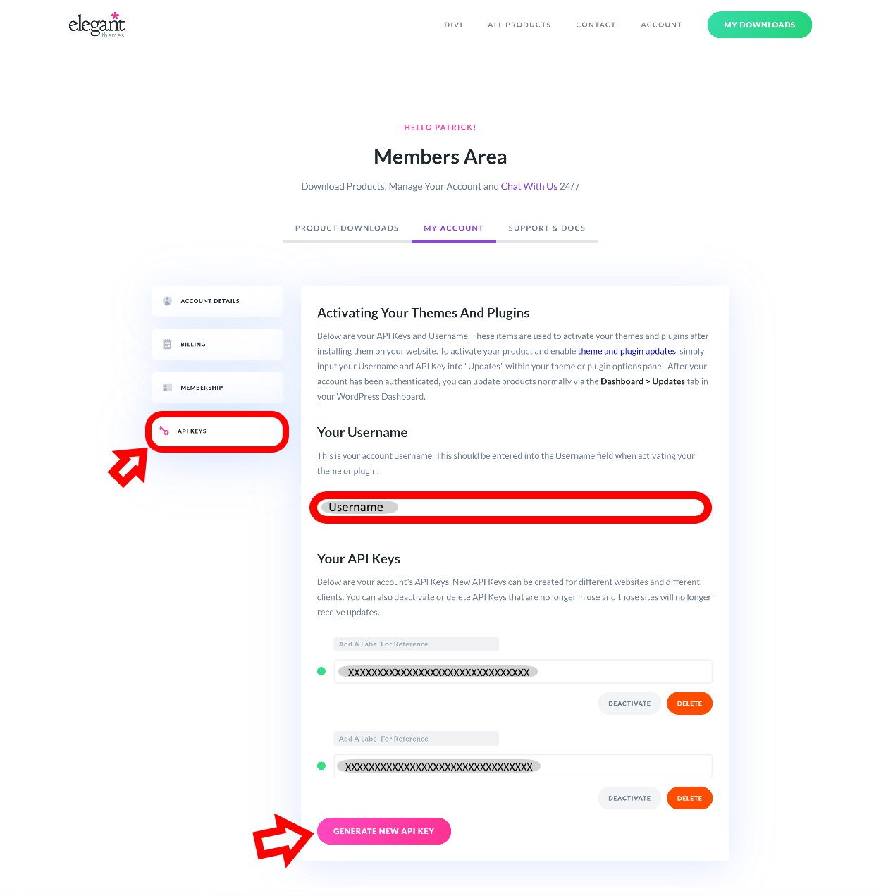 Elegant Themes Members Area - API Keys
