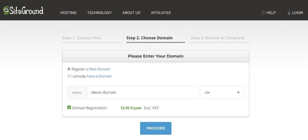 SiteGround Domain Registrierung Eingabefeld