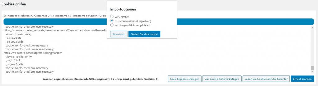 Ergebnisse des Cookie Scanners zusammenfügen