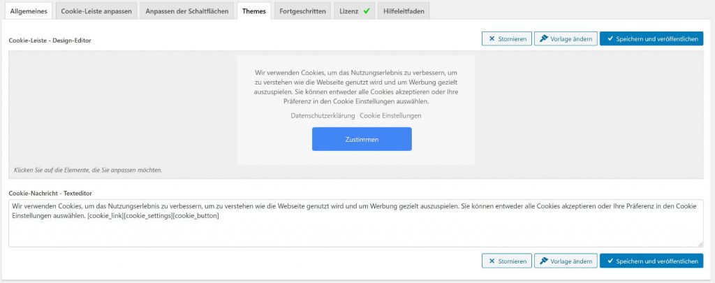 WordPress Cookie Hinweis Plugin - Design Themes auswählen