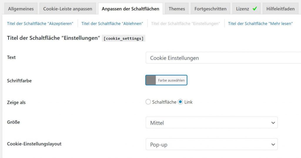 "Einstellungen" Schaltfäche im WordPress Cookie Hinweis Plugin anpassen